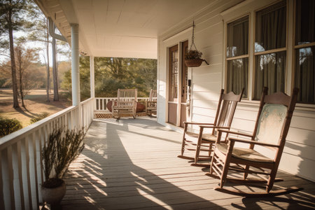 cozy house with wrap-around porch and vintage rocking chairs, created with generative aiの素材