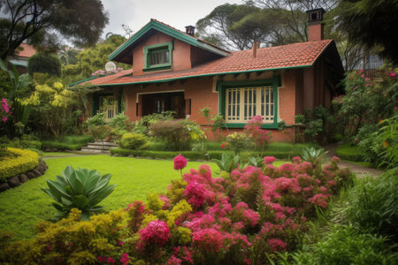 cozy house surrounded by lush gardens and blooming flowers, created with generative aiの素材