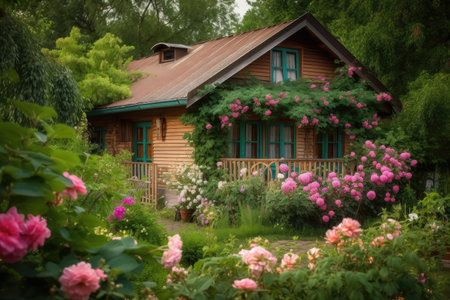 cozy house surrounded by lush gardens and blooming flowers, created with generative aiの素材