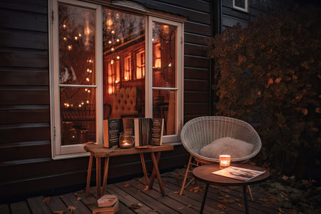 cozy house exterior with books, candles, and cozy armchair for reading, created with generative aiの素材