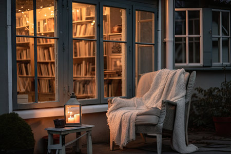 cozy house exterior with books, candles, and cozy armchair for reading, created with generative aiの素材