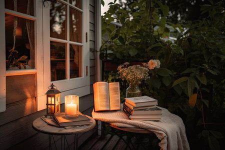 cozy house exterior with books, candles, and cozy armchair for reading, created with generative aiの素材