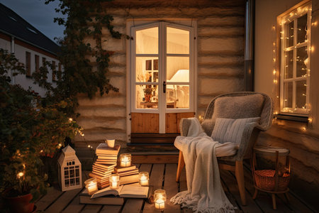cozy house exterior with books, candles, and cozy armchair for reading, created with generative aiの素材