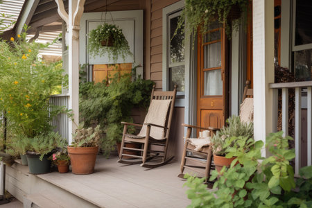cozy house with porch, rocking chair and potted plants exterior, created with generative aiの素材