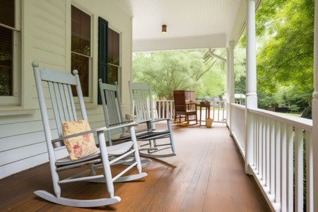 cozy house with front porch and rocking chairs, perfect for relaxing after a long day, created with generative aiの素材