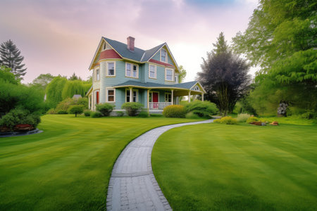 expansive green lawn with winding path leading to cozy house exterior, created with generative aiの素材