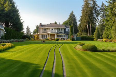 expansive green lawn with winding path leading to cozy house exterior, created with generative aiの素材