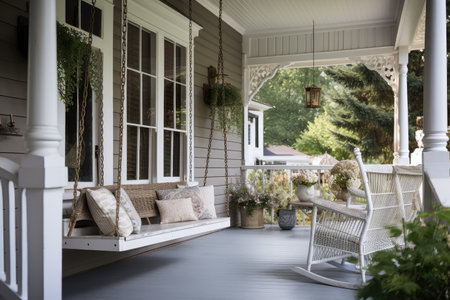 cozy house exterior with porch swing and wicker dining set for afternoon tea, created with generative aiの素材