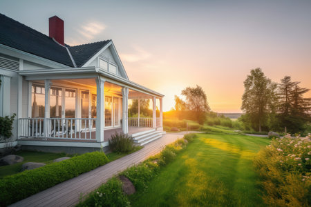 cozy house exterior with lush green garden, inviting porch, and stunning sunset view, created with generative aiの素材
