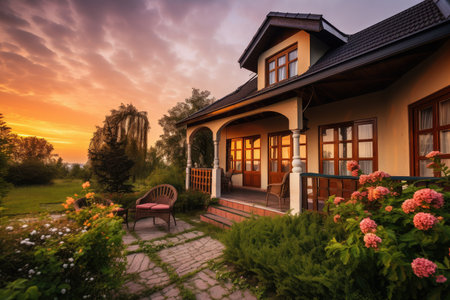 cozy house exterior with lush green garden, inviting porch, and stunning sunset view, created with generative aiの素材