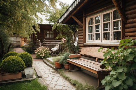 cozy house exterior with garden and benches for guests to relax, created with generative aiの素材
