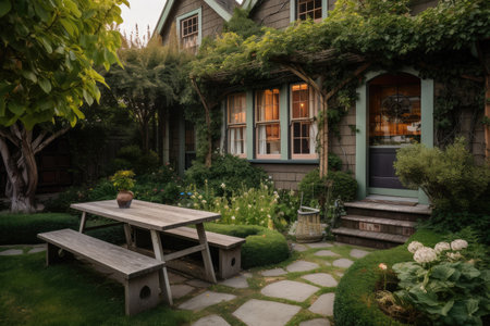 cozy house exterior with garden and benches for guests to relax, created with generative aiの素材