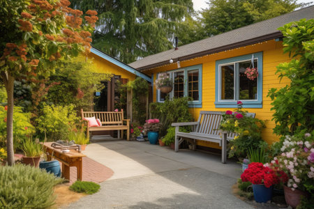 cozy house exterior with garden and benches for guests to relax, created with generative aiの素材