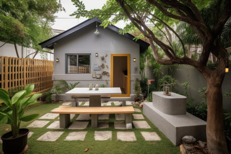 cozy house exterior with garden and benches for guests to relax, created with generative aiの素材