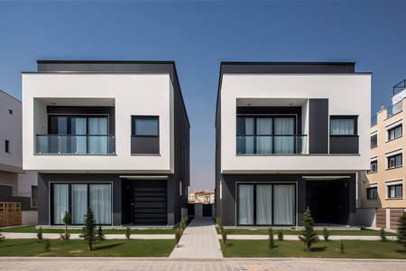 twin houses with identical design and decor, side by side, created with generative aiの素材