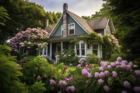 cozy house surrounded by blooming flowers and green foliage on the exterior, created with generative aiの素材