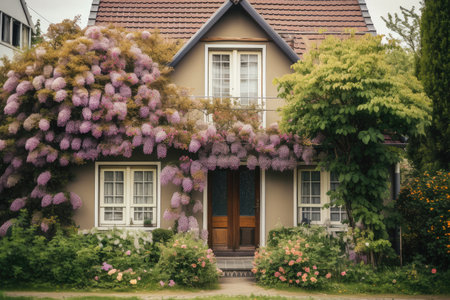 cozy house surrounded by blooming flowers and green foliage on the exterior, created with generative aiの素材