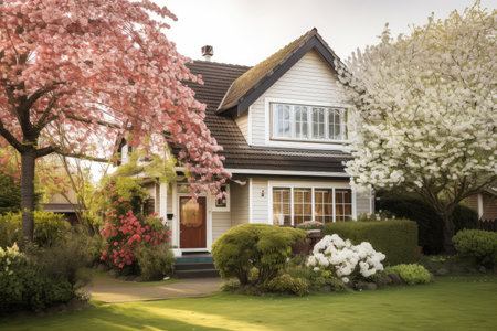 cozy house exterior with blooming garden in springtime, created with generative aiの素材
