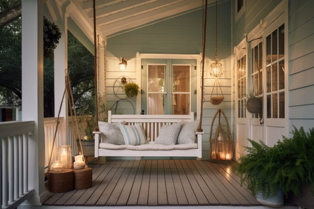 cozy house exterior with front porch swing and hanging lanterns, created with generative aiの素材