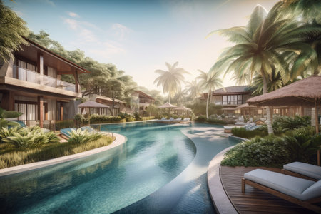 luxury resort with private pool, spa, and cozy cabanas, created with generative aiの素材