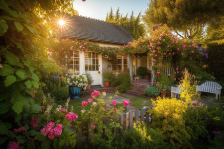 cozy house exterior with sun-dappled yard and garden of vibrant flowers, created with generative aiの素材