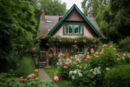cozy house surrounded by blooming flowers and greenery, created with generative aiの素材