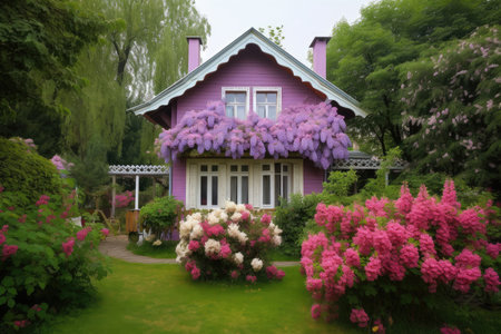 cozy house surrounded by blooming flowers and greenery, created with generative aiの素材