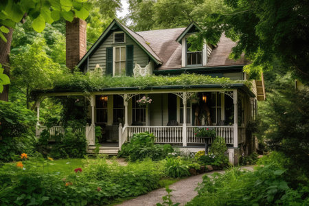 cozy house with wrap-around porch, surrounded by lush greenery, created with generative aiの素材