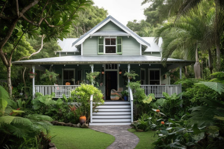 cozy house with wrap-around porch, surrounded by lush greenery, created with generative aiの素材