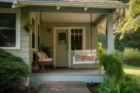 cozy house exterior, with porch swing and book pile, on warm summer day, created with generative aiの素材