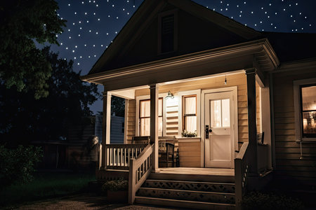 cozy house exterior at night, with welcoming porch lights and lanterns, against starry sky, created with generative aiの素材