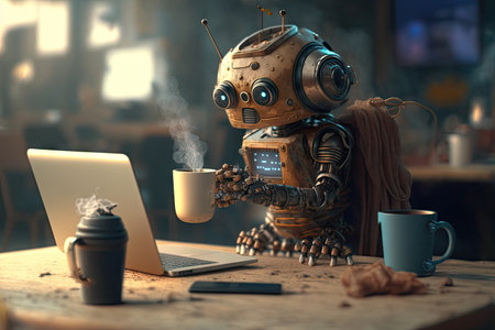 cute robot with coffee and laptop, working on its next novel in cozy cafe, created with generative aiの素材