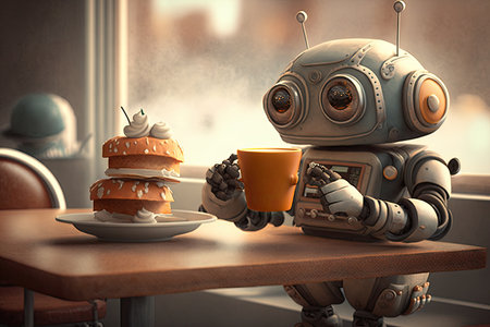 cute robot enjoying coffee and pastry in a cafe setting, created with generative aiの素材