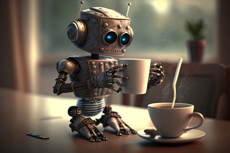 cute robot is working on a presentation, while enjoying hot cup of coffee, created with generative aiの素材