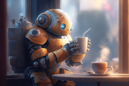 cute robot enjoying a cup of coffee and croissant at the cafe, created with generative aiの素材
