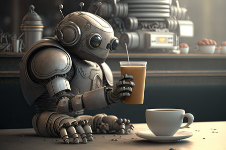 cute robot enjoying a cup of coffee and croissant at the cafe, created with generative aiの素材