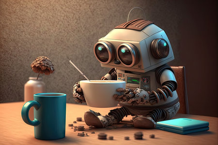 cute robot on a break from work, sipping coffee and browsing the internet, created with generative aiの素材