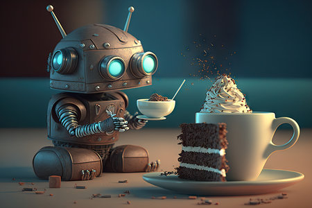 cute robot enjoying a delicious slice of cake and hot cup of coffee, created with generative aiの素材