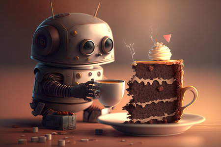 cute robot enjoying a delicious slice of cake and hot cup of coffee, created with generative aiの素材