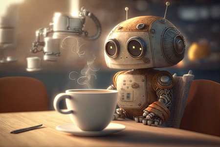 cute robot enjoying a cup of coffee and basking in the warmth of the cafe, created with generative aiの素材