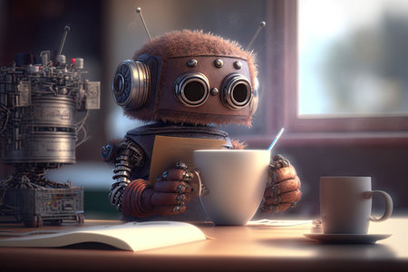 cute robot, working on homework and enjoying hot cup of coffee in cozy cafe, created with generative aiの素材