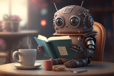 cute robot reading book while enjoying hot drink and pastry in cozy cafe, created with generative aiの素材