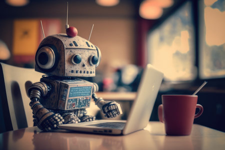 cute robot in a cafe, writing an article on its laptop, created with generative aiの素材