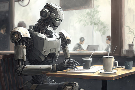 robot in cafe, working on a research paper and sipping espresso, created with generative aiの素材