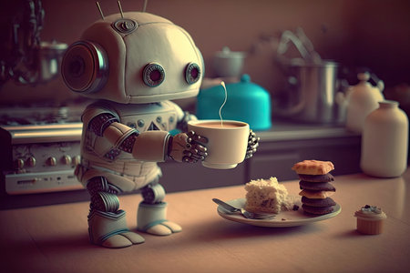 cute robot works on a project, with coffee and pastry in hand, created with generative aiの素材