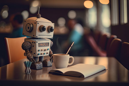 cute robot in cafe, working on laptop and taking notes with pen, created with generative aiの素材