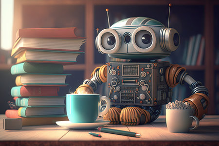 cute robot working on a laptop, surrounded by books and cups of coffee, created with generative aiの素材