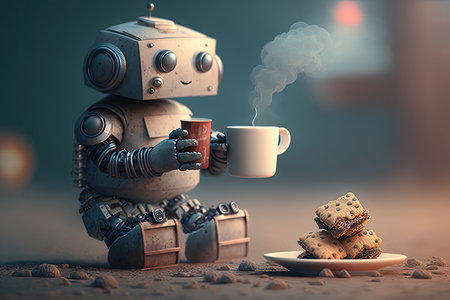 cute robot taking a break from work with cup of hot tea and scone, created with generative aiの素材
