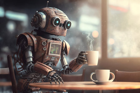 refreshing iced coffee in hand, cute robot enjoys a moment of downtime at cafe, created with generative aiの素材