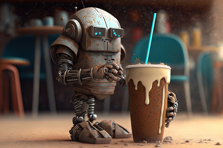 refreshing iced coffee in hand, cute robot enjoys a moment of downtime at cafe, created with generative aiの素材
